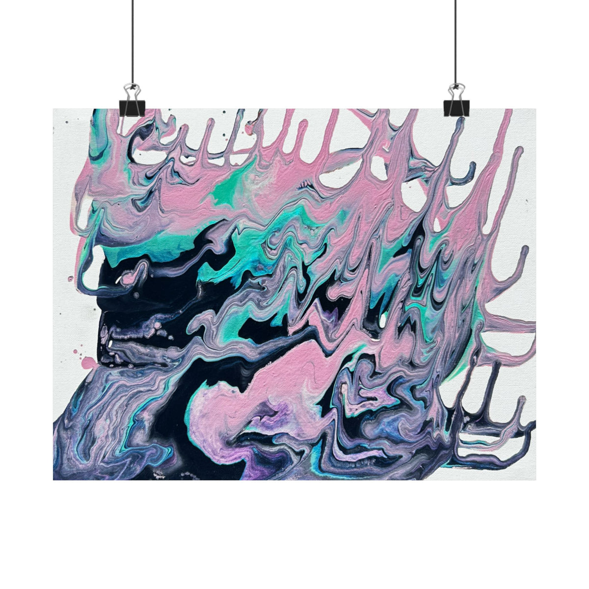 Abstract Fluid Art Poster Dripping Pink & Teal Matte Horizontal Print