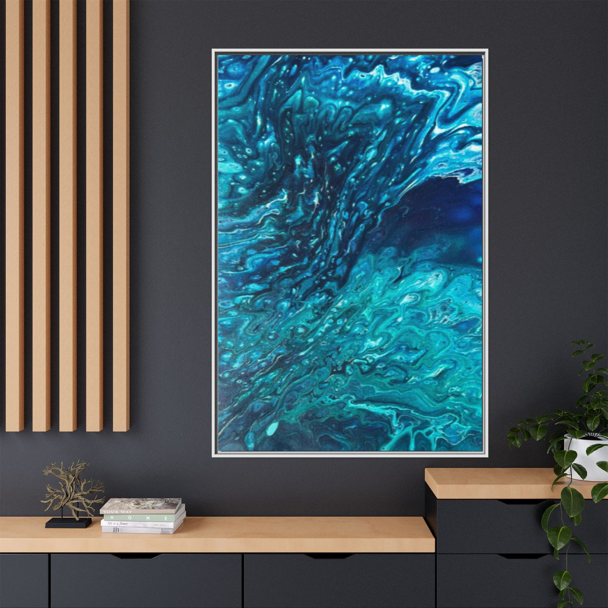 Framed Ocean Abstract Matte Canvas Art Turquoise Blue Fluid Painting