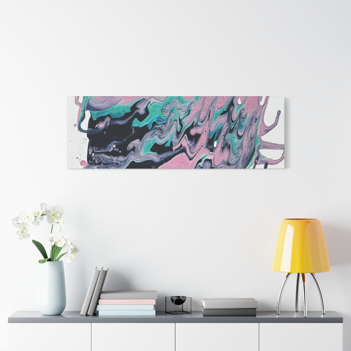 Dripping Abstract Pour Painting Canvas  Pink Teal Fluid Art Stretched Wall Decor