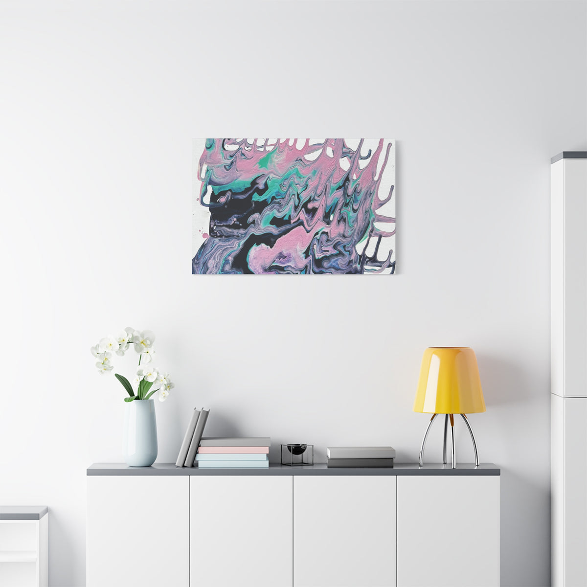 Dripping Abstract Pour Painting Canvas  Pink Teal Fluid Art Stretched Wall Decor
