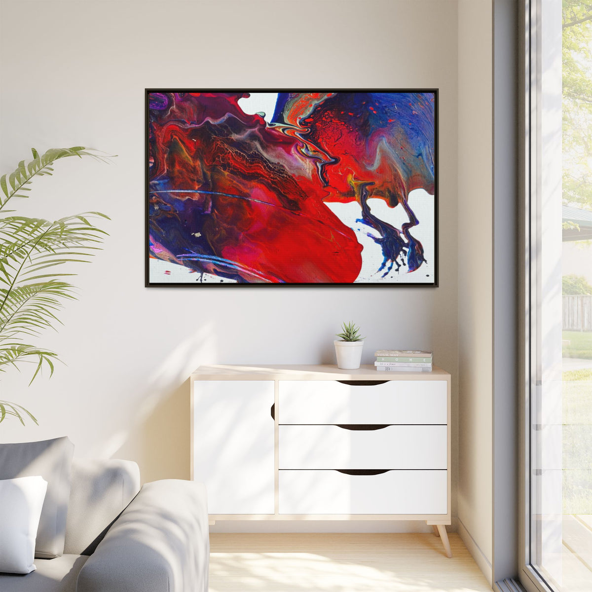 Universe Abstract Red & Blue Fluid Art Matte Canvas (Framed)