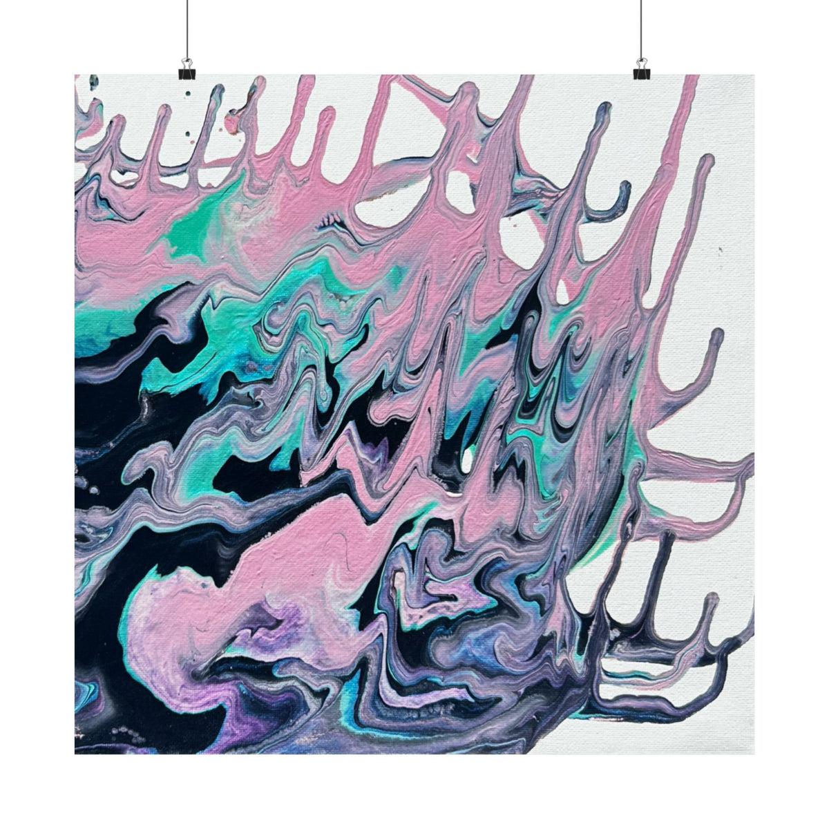 Abstract Fluid Art Poster Dripping Pink & Teal Matte Horizontal Print