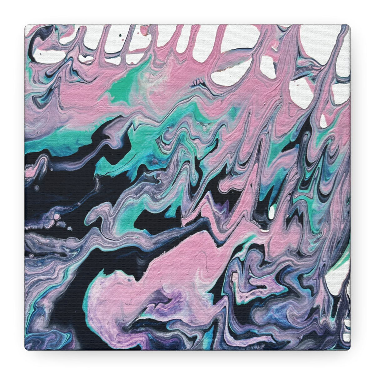 Dripping Abstract Pour Painting Canvas  Pink Teal Fluid Art Stretched Wall Decor