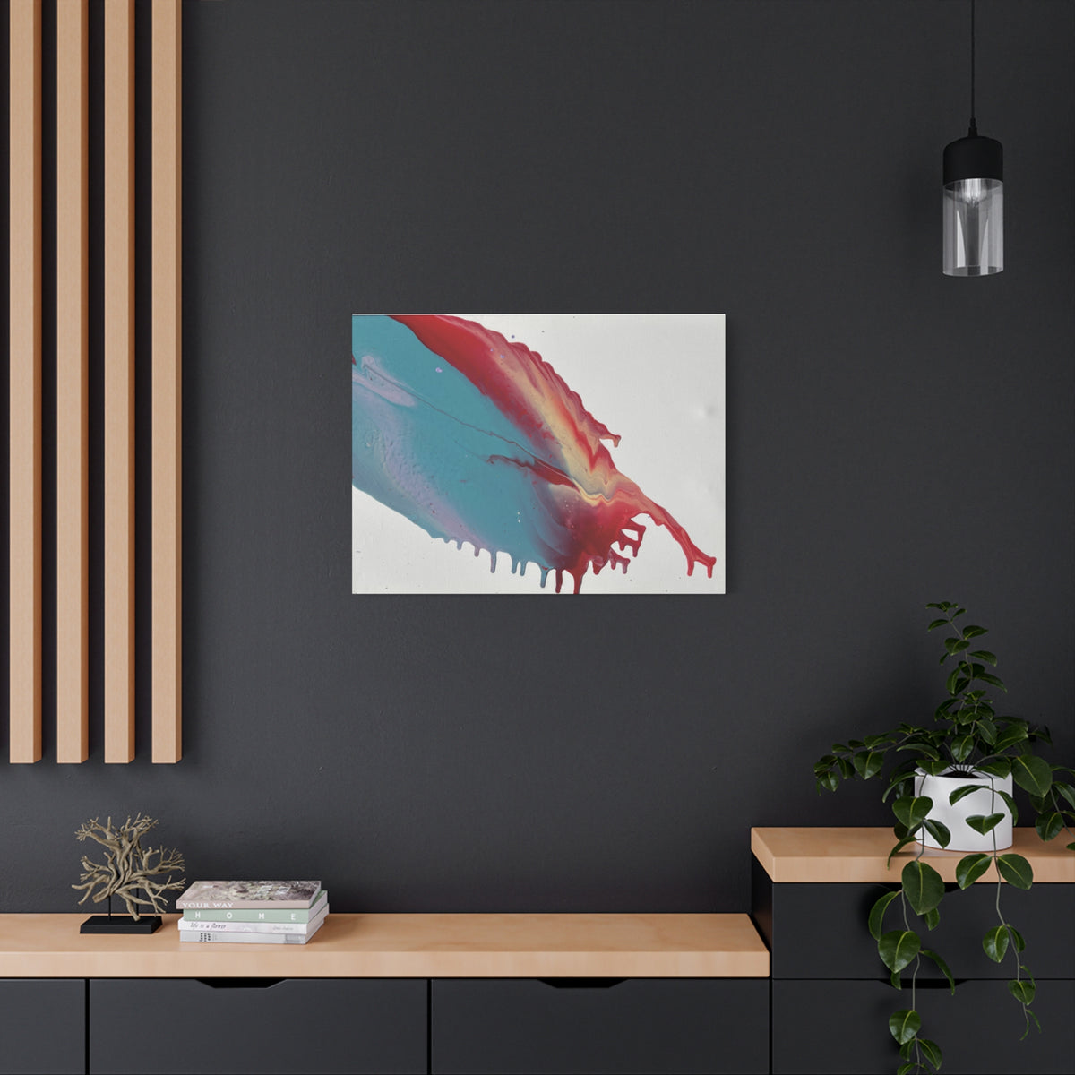 Ceiling Abstract Drip Matte Canvas Print (Blue & Red Fluid Art)