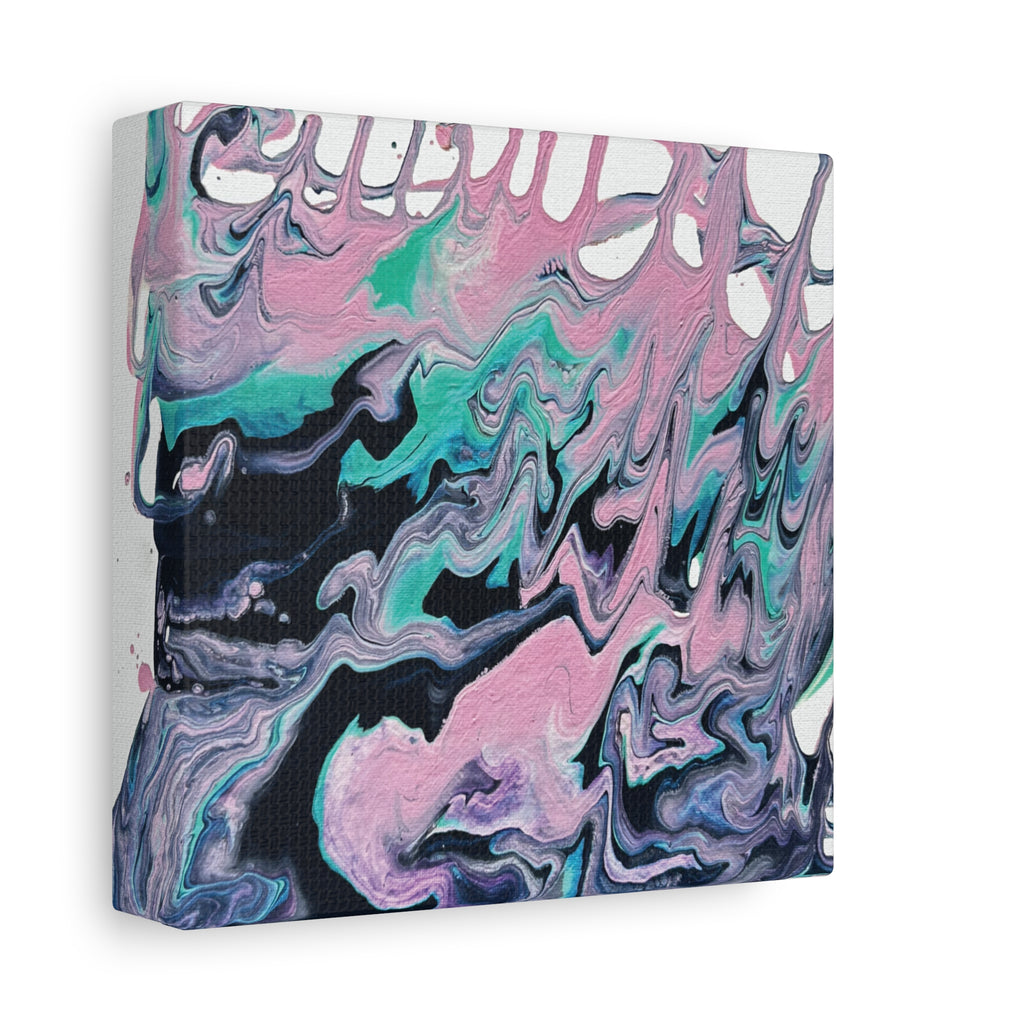 Dripping Abstract Pour Painting Canvas  Pink Teal Fluid Art Stretched Wall Decor