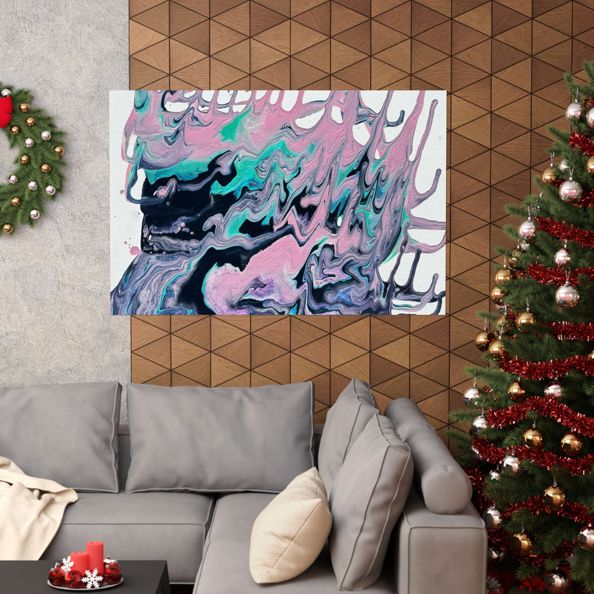 Abstract Fluid Art Poster Dripping Pink & Teal Matte Horizontal Print