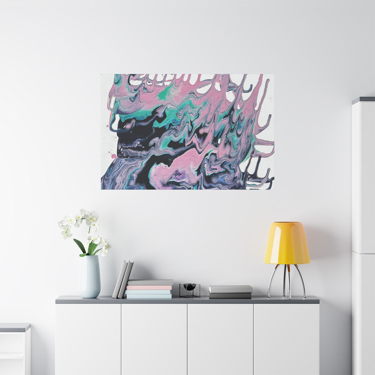 Dripping Abstract Pour Painting Canvas  Pink Teal Fluid Art Stretched Wall Decor
