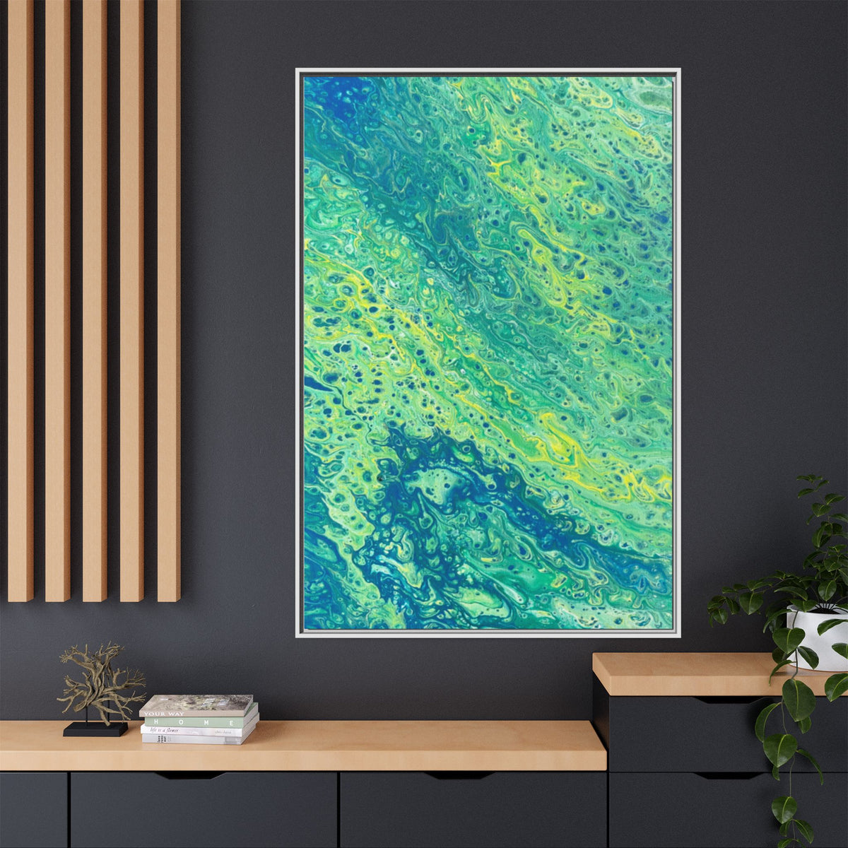 Abstract Teal & Lime Fluid Art Matte Canvas Print Framed Wall Art