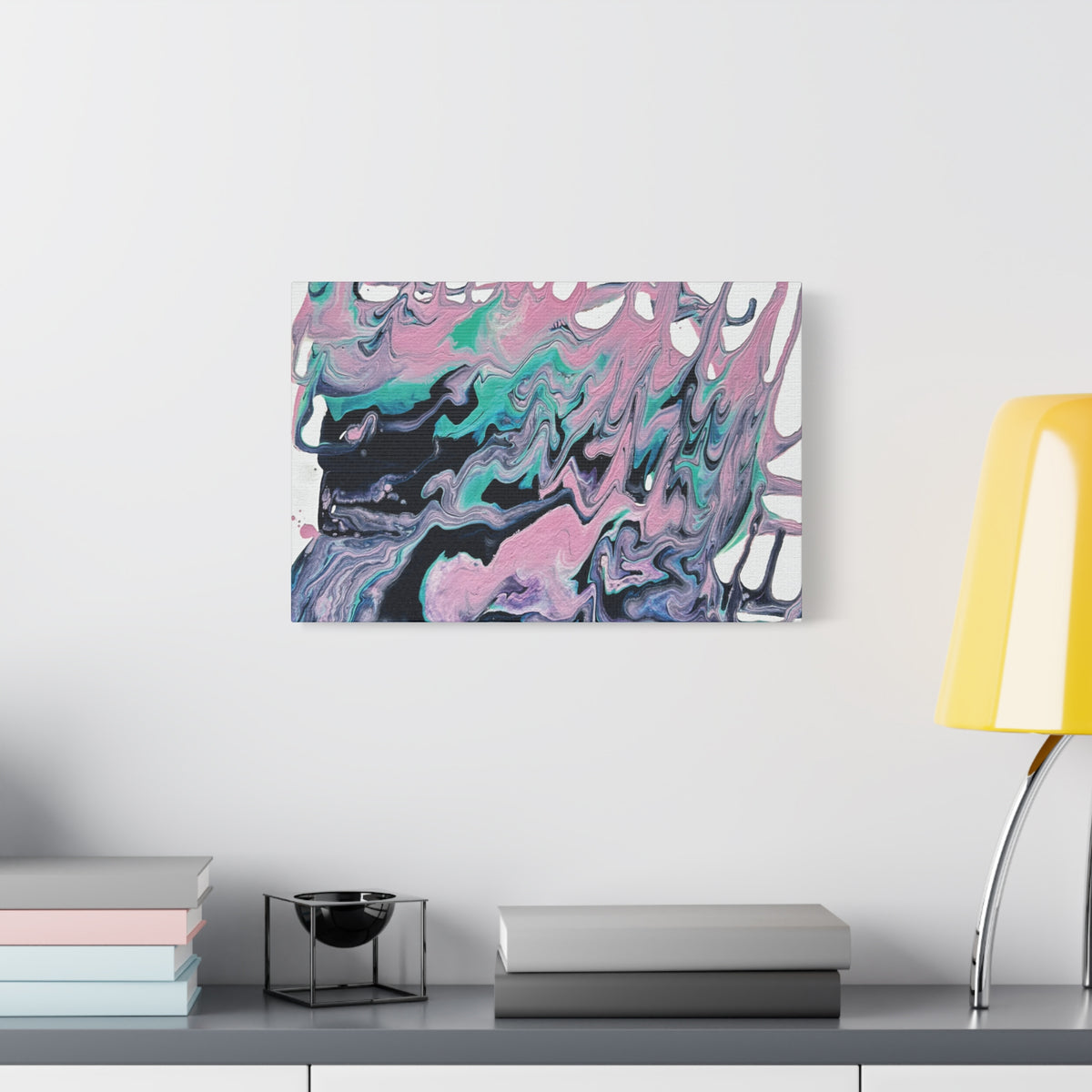 Dripping Abstract Pour Painting Canvas  Pink Teal Fluid Art Stretched Wall Decor