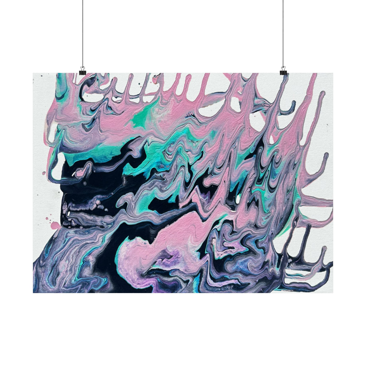 Abstract Fluid Art Poster Dripping Pink & Teal Matte Horizontal Print
