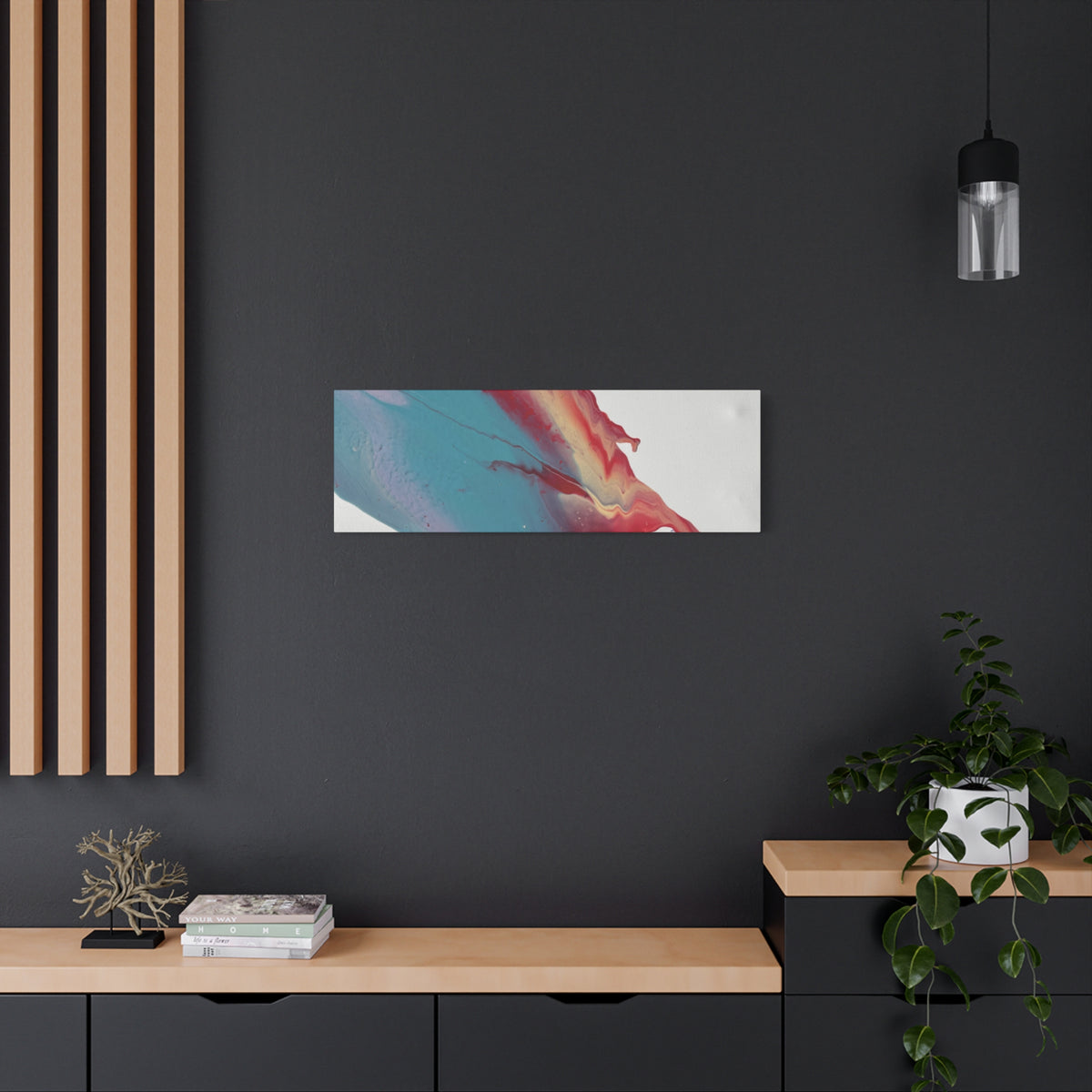Ceiling Abstract Drip Matte Canvas Print (Blue & Red Fluid Art)