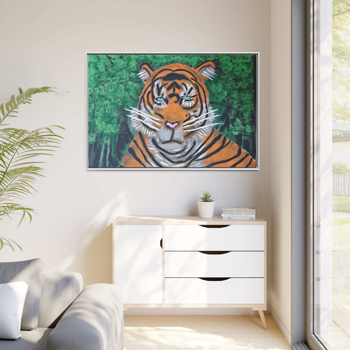 Framed Matte Canvas Tiger Portrait Whimsical Jungle Wall Art