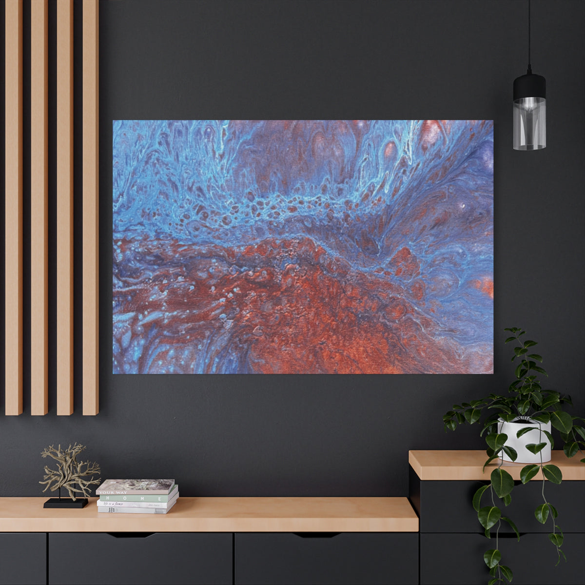 Abstract Blue & Rust Fluid Art Matte Canvas Wave Stretched Wall Art