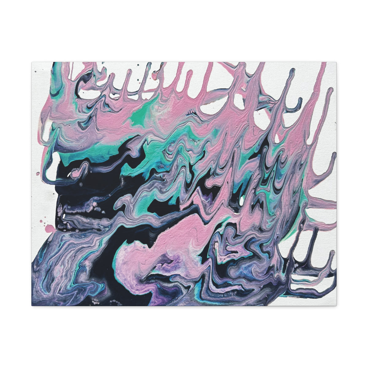 Dripping Abstract Pour Painting Canvas  Pink Teal Fluid Art Stretched Wall Decor