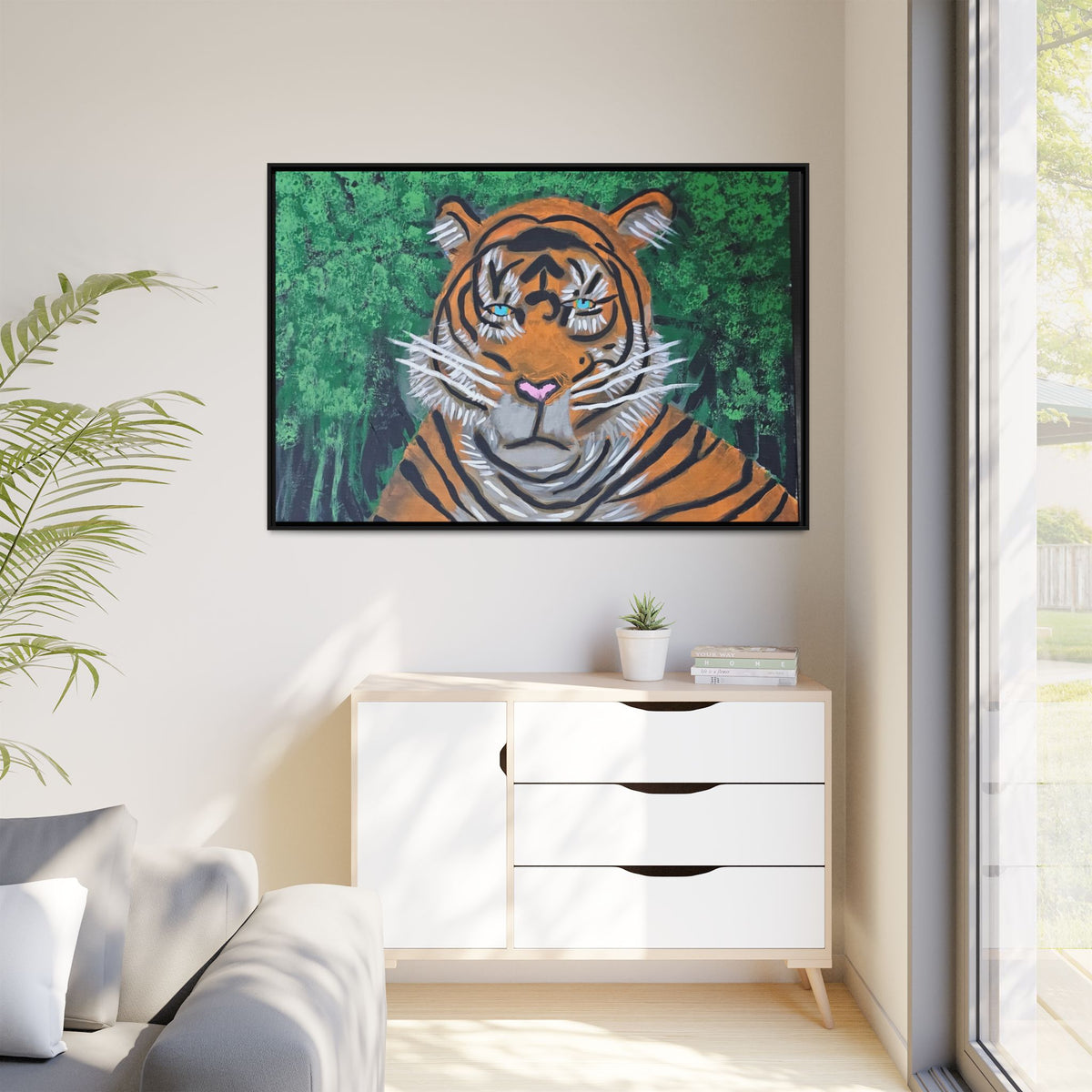 Framed Matte Canvas Tiger Portrait Whimsical Jungle Wall Art