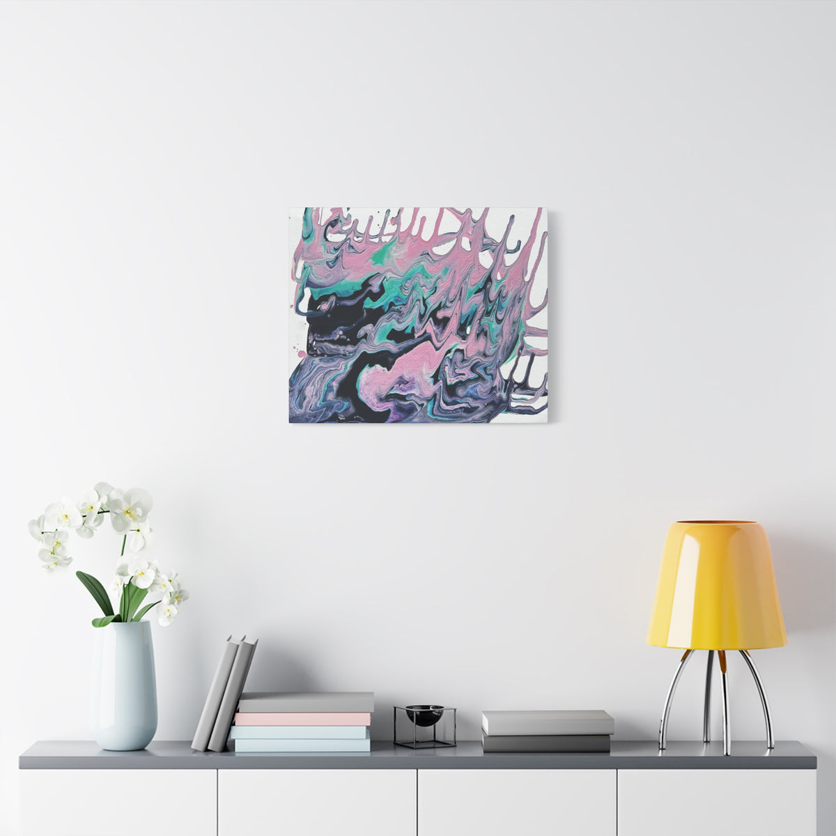 Dripping Abstract Pour Painting Canvas  Pink Teal Fluid Art Stretched Wall Decor