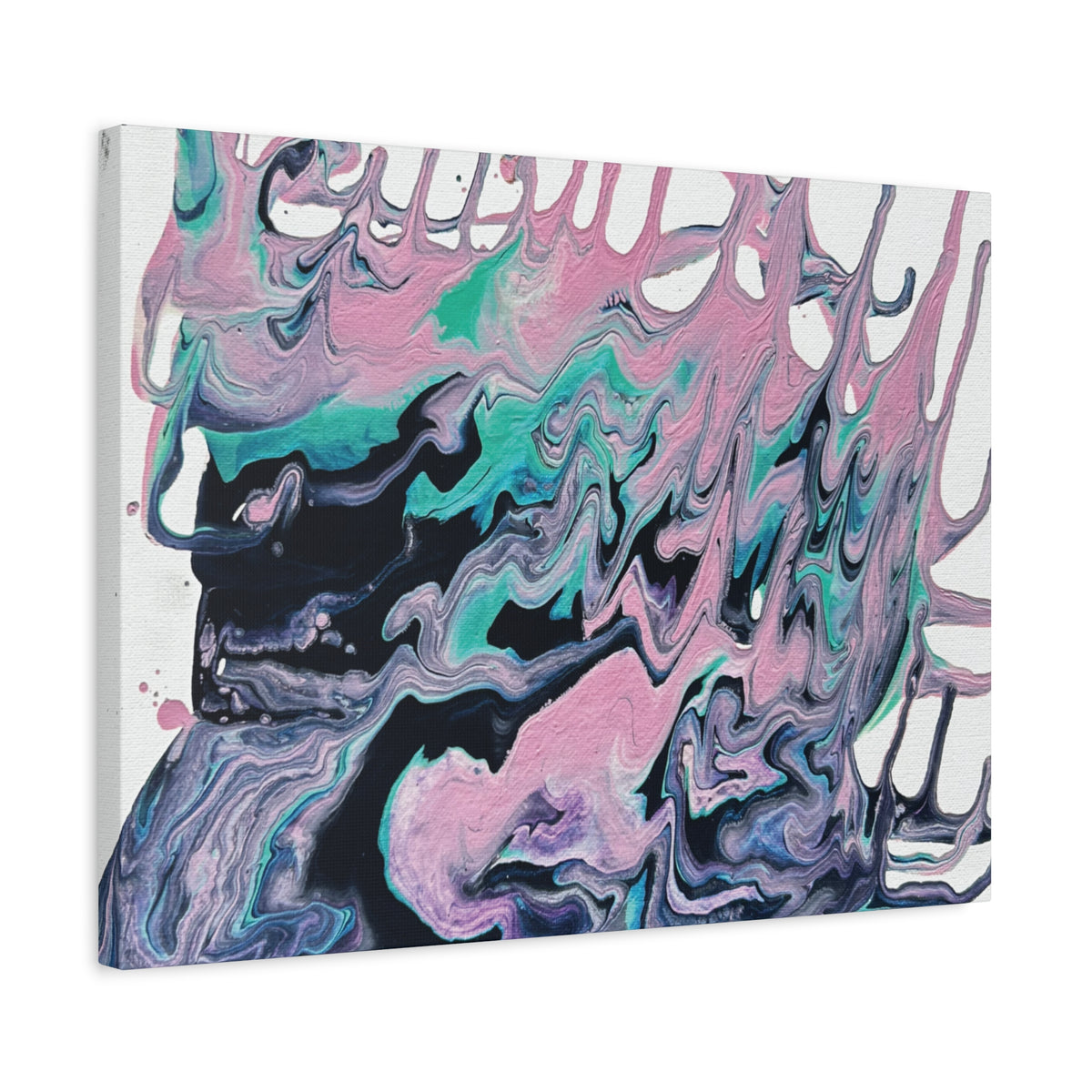 Dripping Abstract Pour Painting Canvas  Pink Teal Fluid Art Stretched Wall Decor