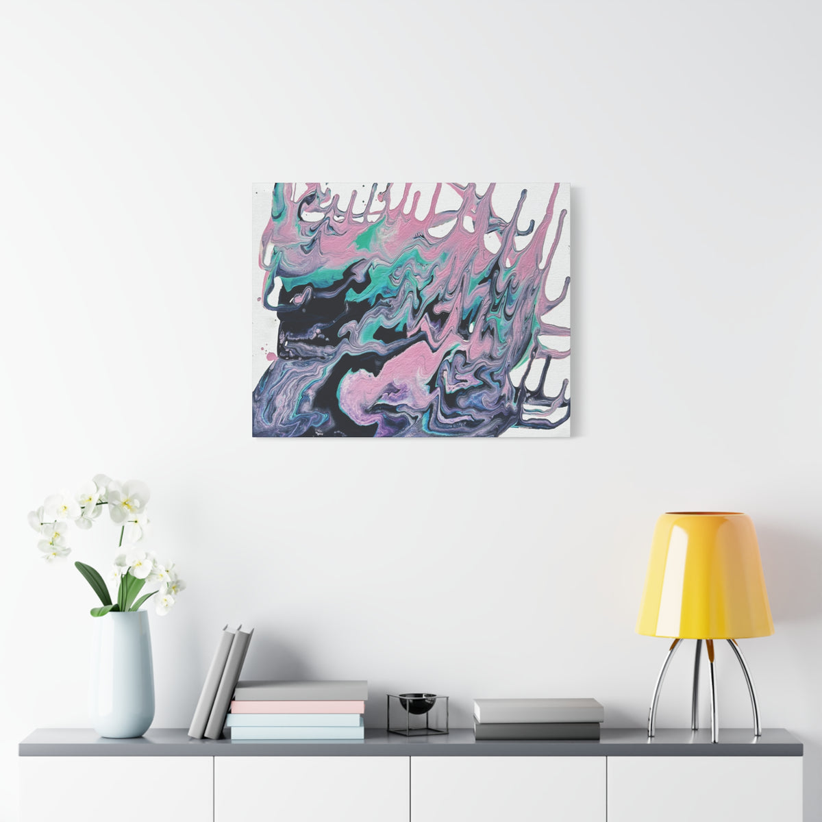 Dripping Abstract Pour Painting Canvas  Pink Teal Fluid Art Stretched Wall Decor