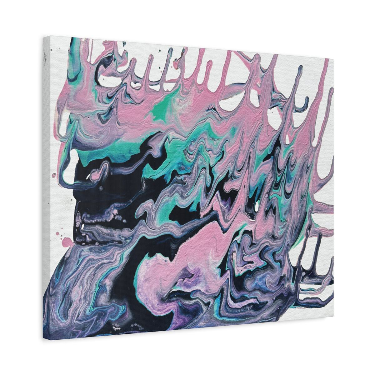Dripping Abstract Pour Painting Canvas  Pink Teal Fluid Art Stretched Wall Decor