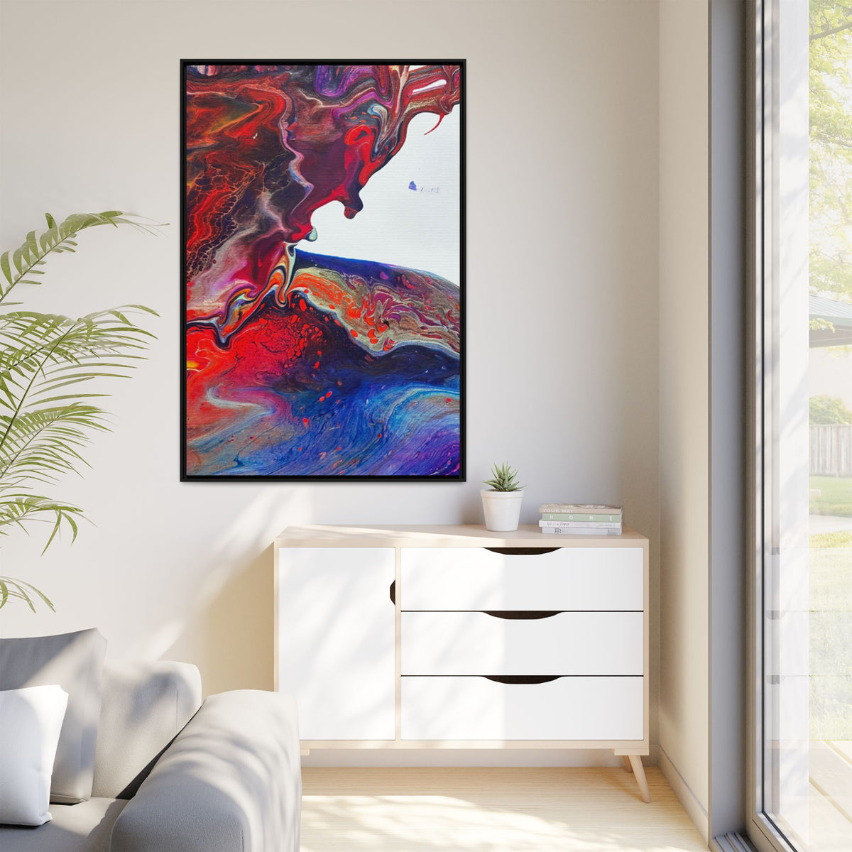 Universe Abstract Red & Blue Fluid Art Matte Canvas (Framed)
