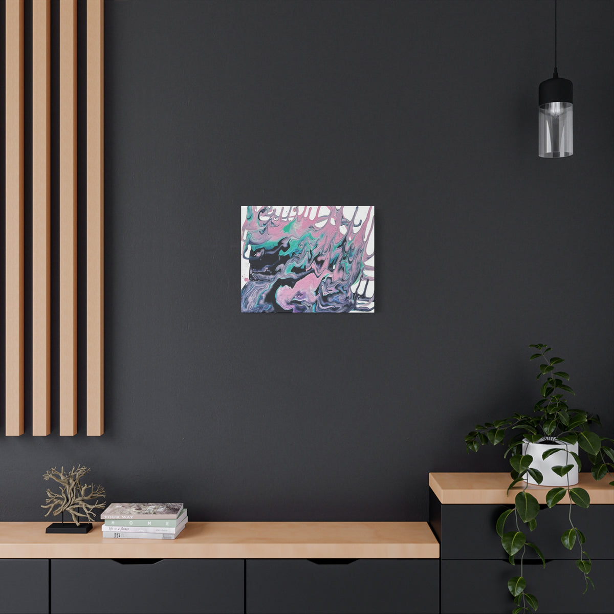 Dripping Abstract Pour Painting Canvas  Pink Teal Fluid Art Stretched Wall Decor
