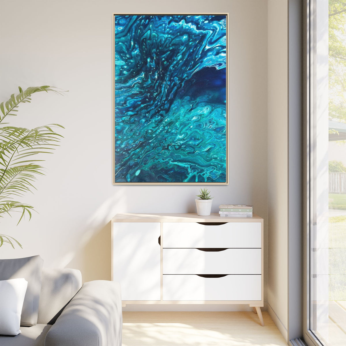 Framed Ocean Abstract Matte Canvas Art Turquoise Blue Fluid Painting