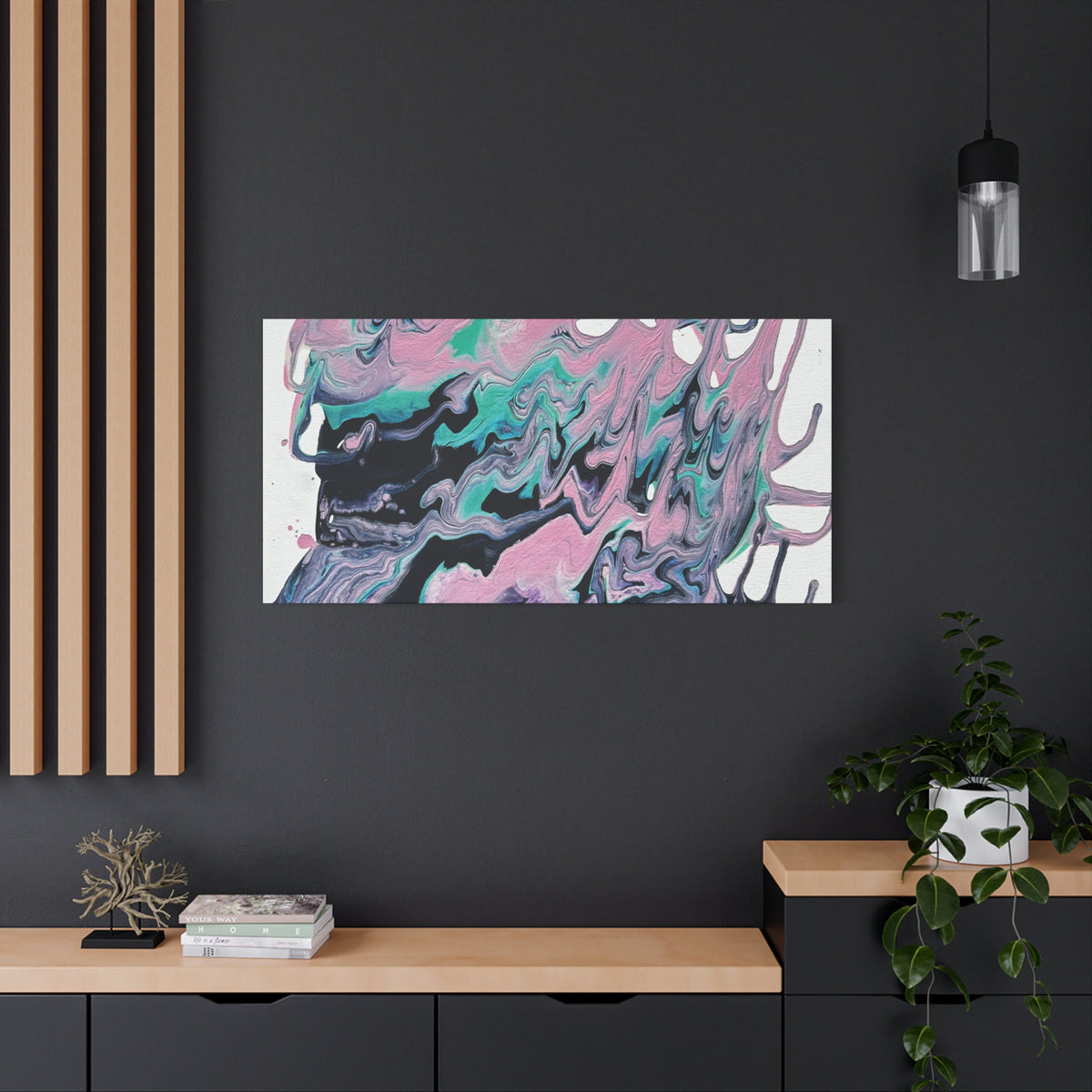 Dripping Abstract Pour Painting Canvas  Pink Teal Fluid Art Stretched Wall Decor