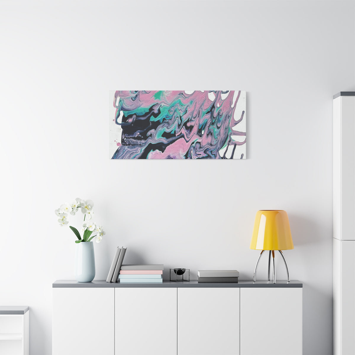 Dripping Abstract Pour Painting Canvas  Pink Teal Fluid Art Stretched Wall Decor