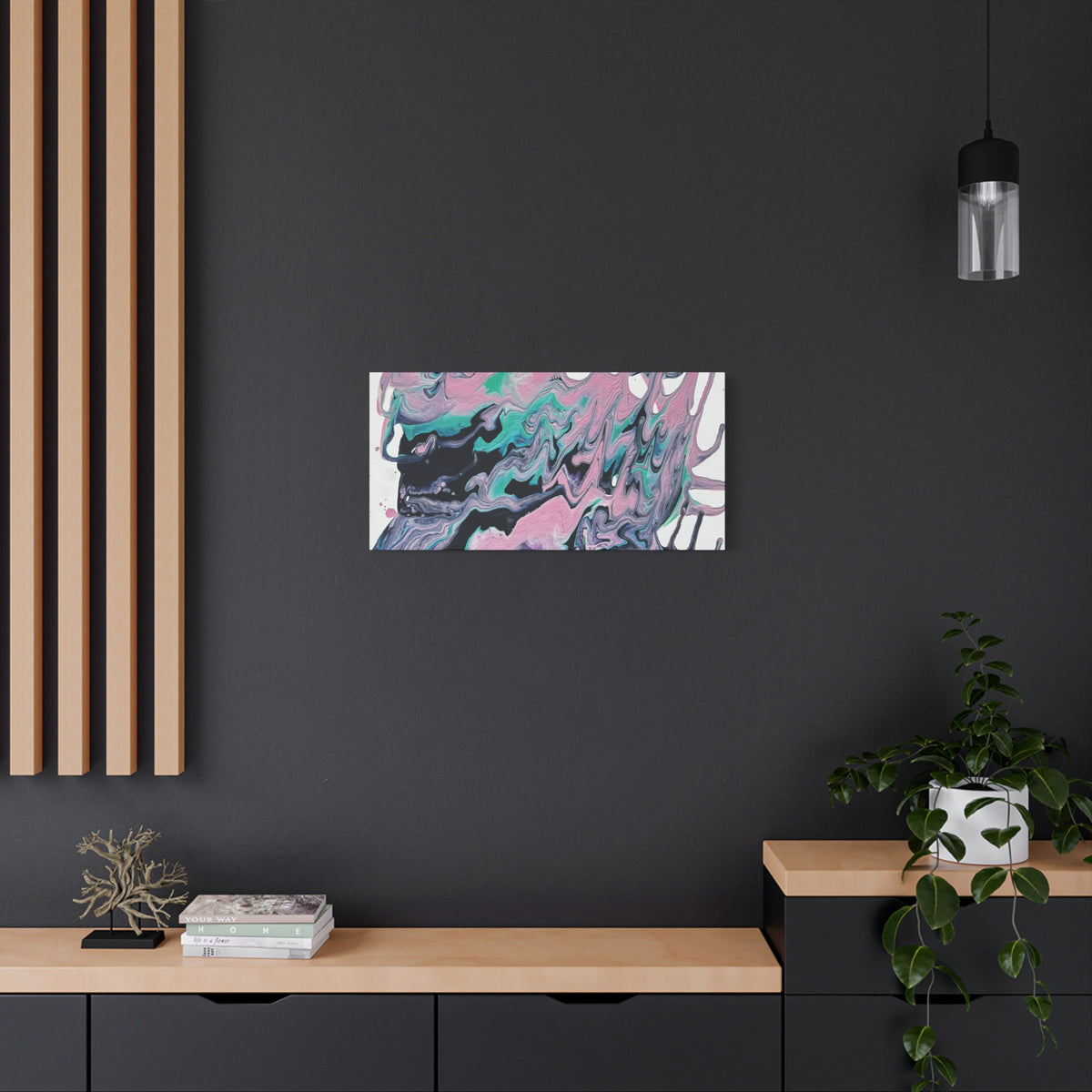Dripping Abstract Pour Painting Canvas  Pink Teal Fluid Art Stretched Wall Decor