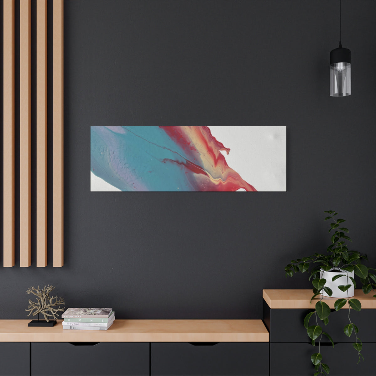 Ceiling Abstract Drip Matte Canvas Print (Blue & Red Fluid Art)