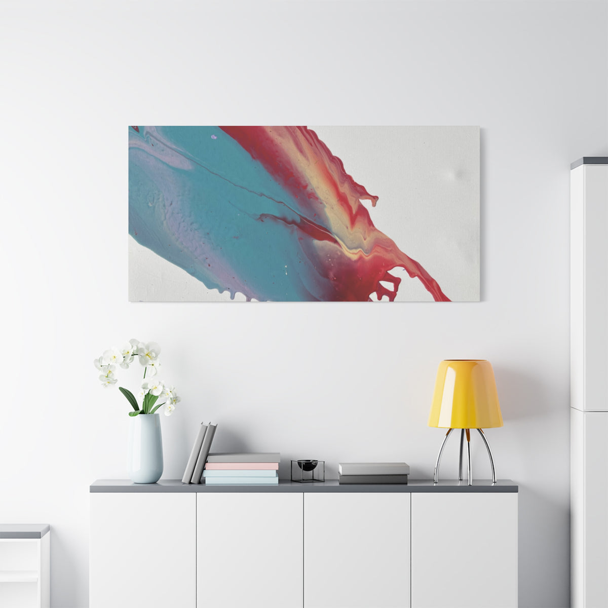 Ceiling Abstract Drip Matte Canvas Print (Blue & Red Fluid Art)