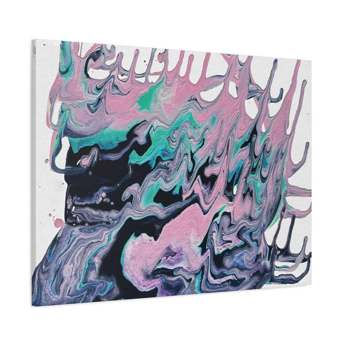 Dripping Abstract Pour Painting Canvas  Pink Teal Fluid Art Stretched Wall Decor
