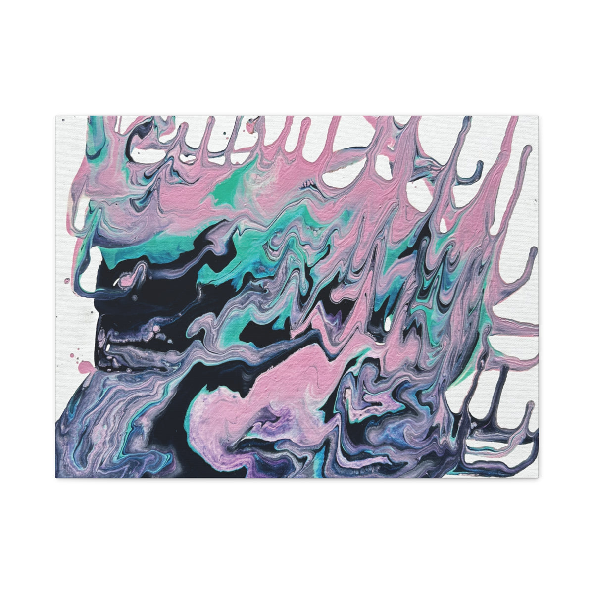 Dripping Abstract Pour Painting Canvas  Pink Teal Fluid Art Stretched Wall Decor