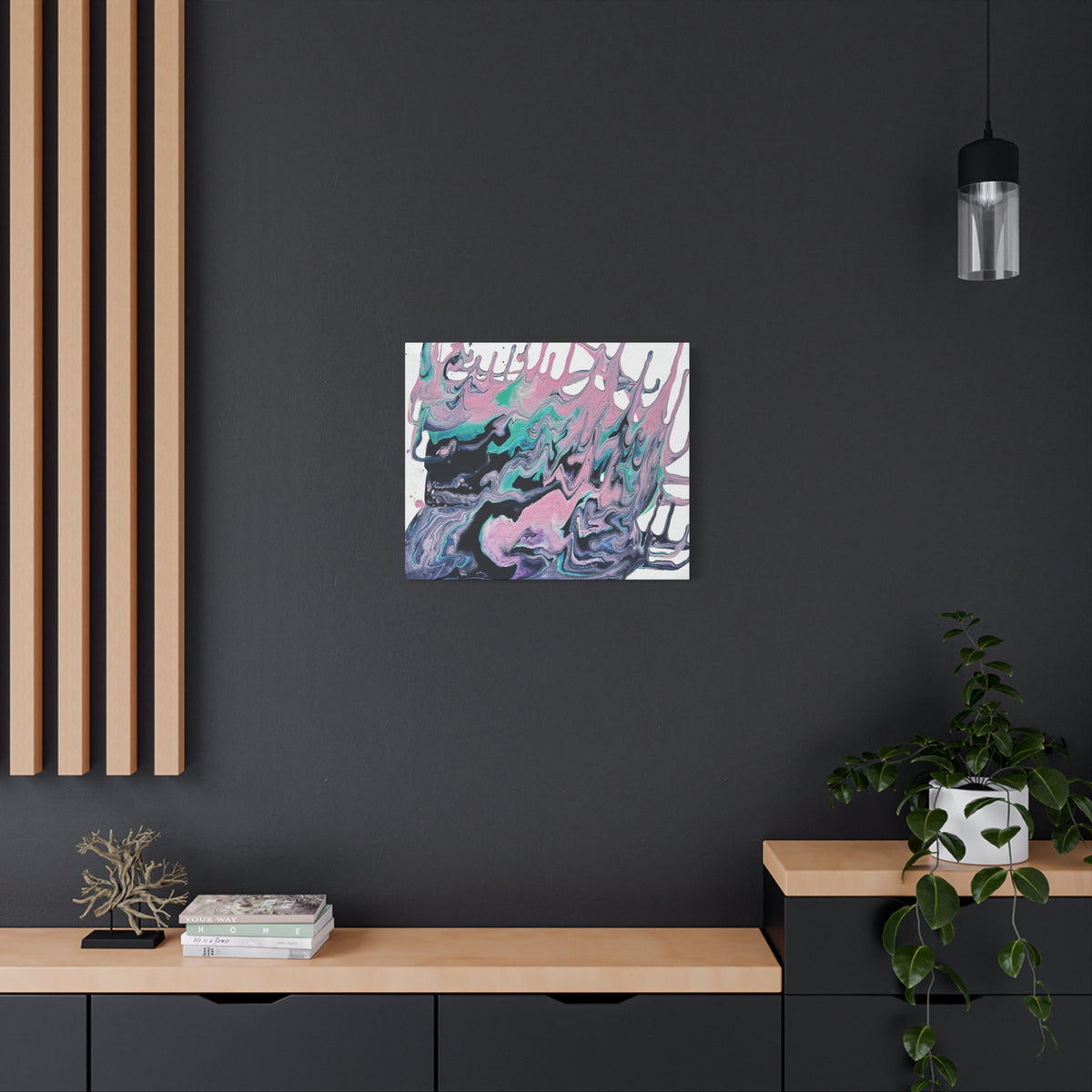 Dripping Abstract Pour Painting Canvas  Pink Teal Fluid Art Stretched Wall Decor