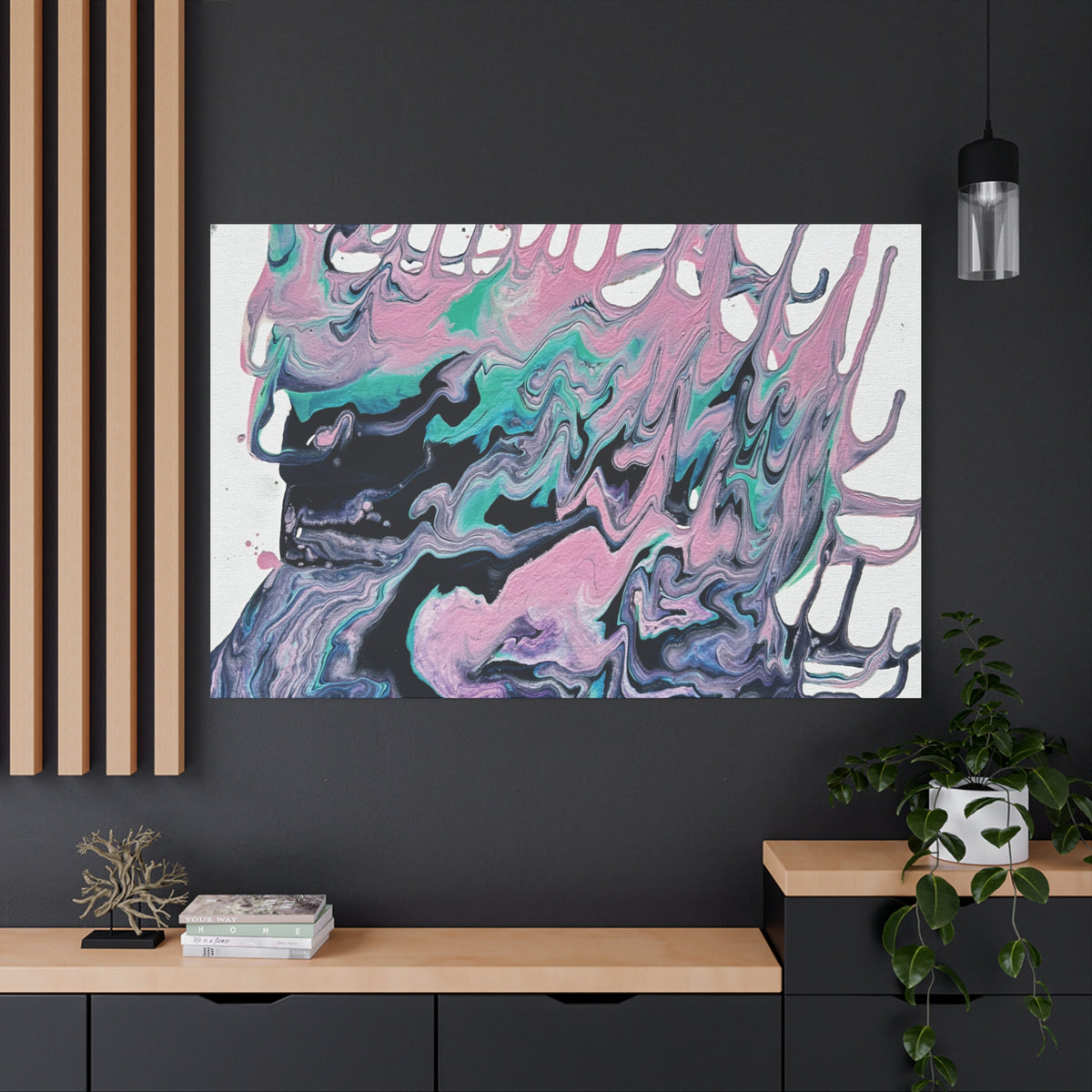 Dripping Abstract Pour Painting Canvas  Pink Teal Fluid Art Stretched Wall Decor