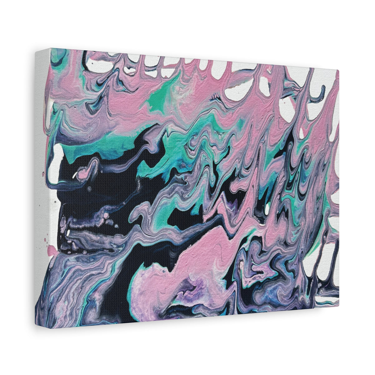Dripping Abstract Pour Painting Canvas  Pink Teal Fluid Art Stretched Wall Decor