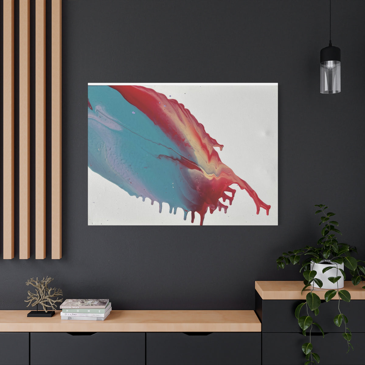 Ceiling Abstract Drip Matte Canvas Print (Blue & Red Fluid Art)