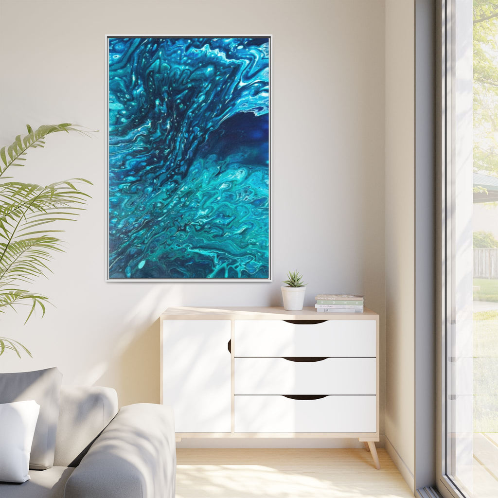 Framed Ocean Abstract Matte Canvas Art Turquoise Blue Fluid Painting