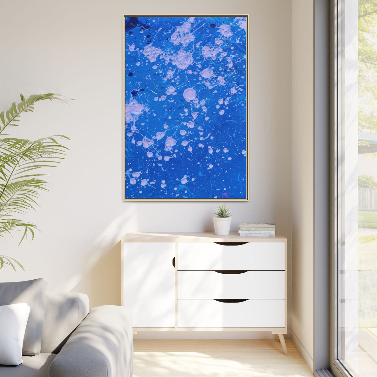Abstract Blue Splatter Matte Canvas Print Dots (Framed)