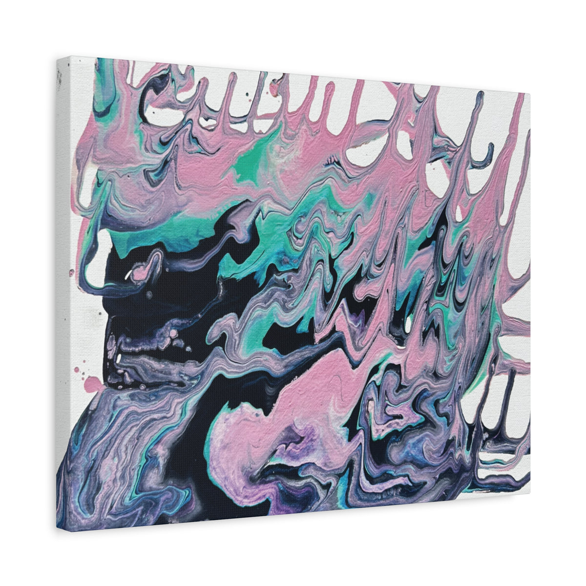 Dripping Abstract Pour Painting Canvas  Pink Teal Fluid Art Stretched Wall Decor