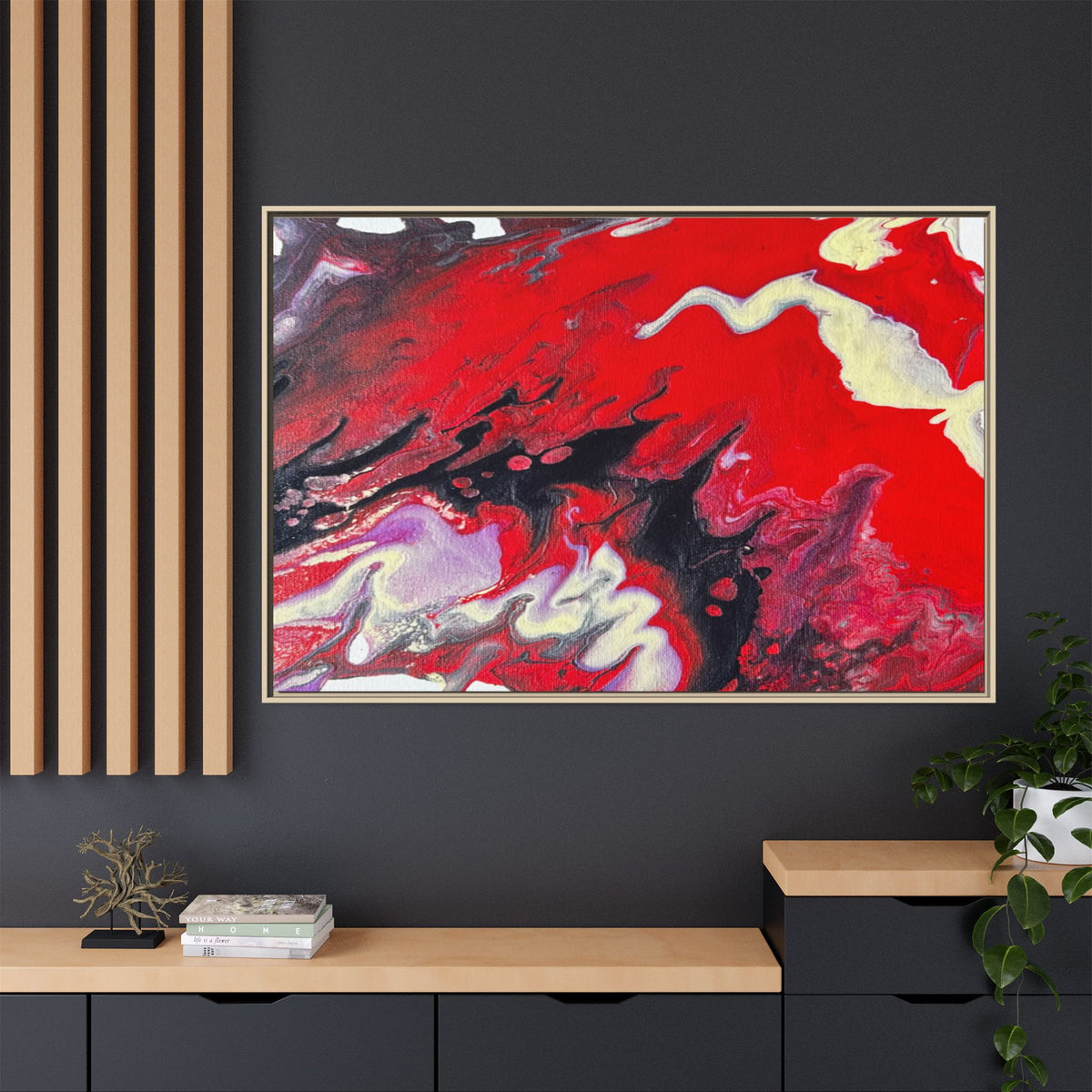 Power Abstract Red Fluid Art Matte Canvas Framed Wall Art