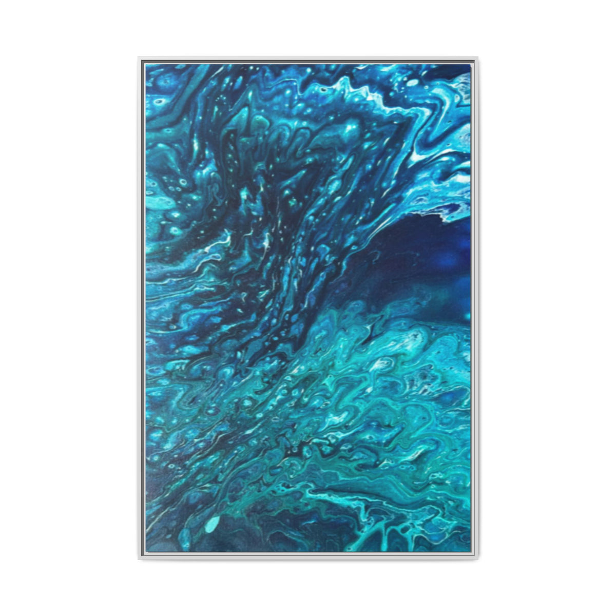 Framed Ocean Abstract Matte Canvas Art Turquoise Blue Fluid Painting
