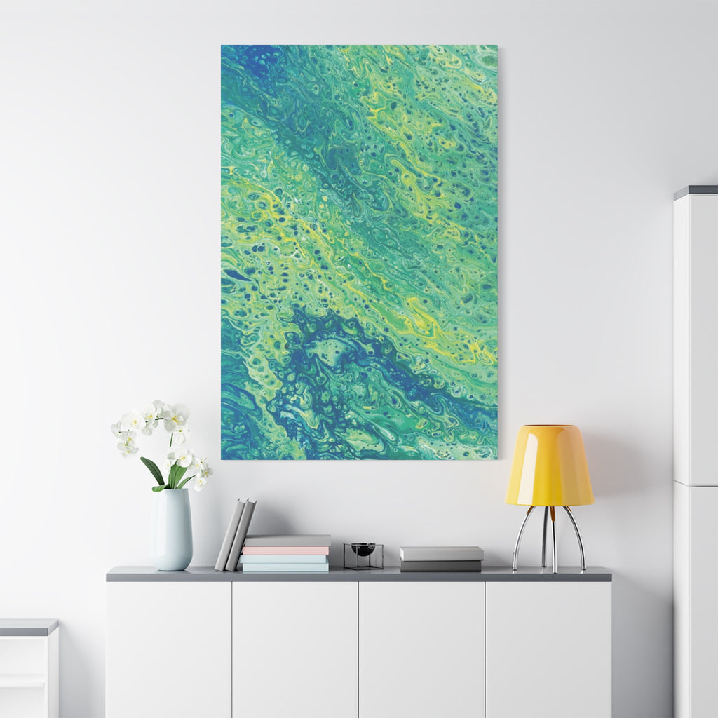 Moss Abstract Aqua Pour Canvas Print Teal & Lime Fluid Art Stretched Wall Art