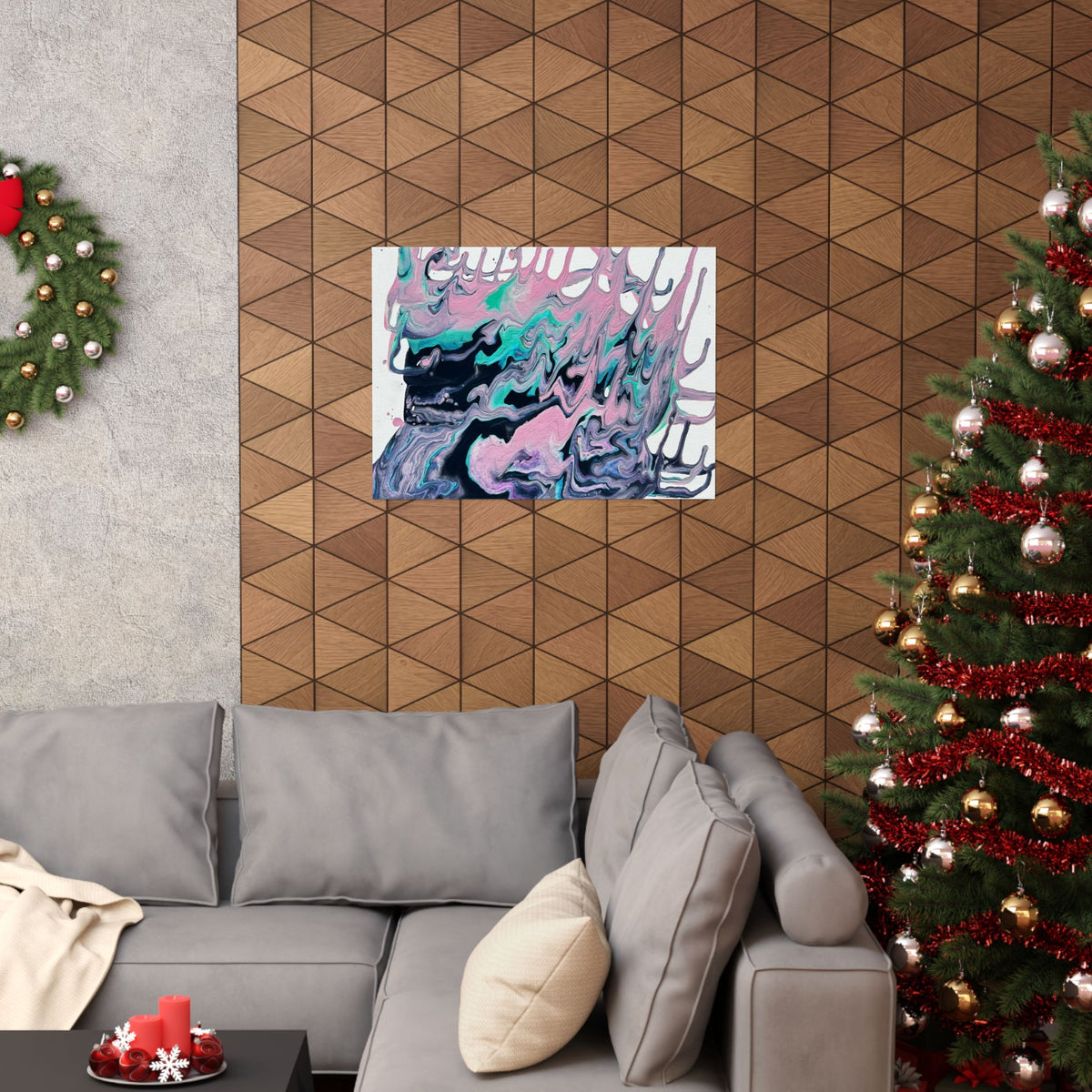Abstract Fluid Art Poster Dripping Pink & Teal Matte Horizontal Print