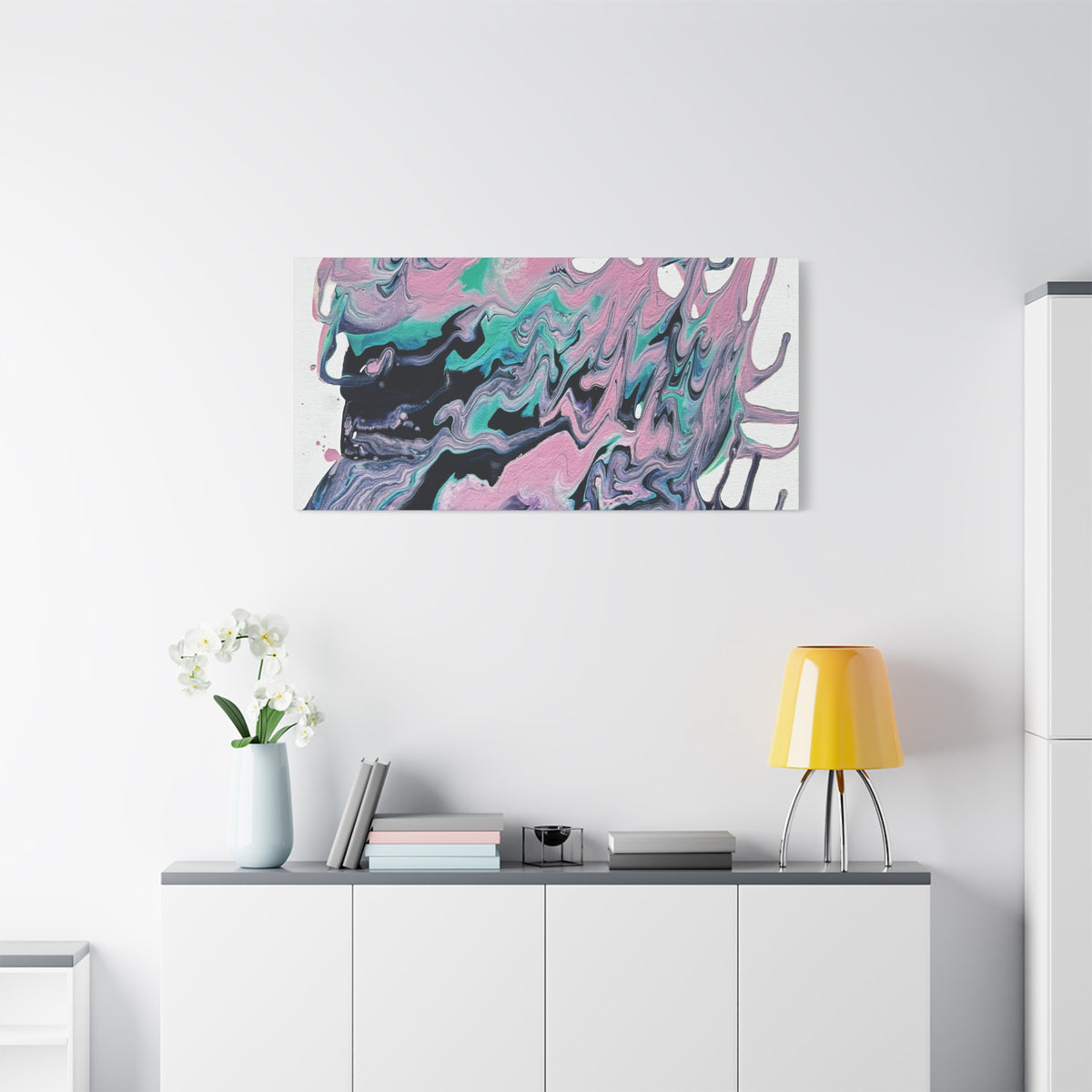 Dripping Abstract Pour Painting Canvas  Pink Teal Fluid Art Stretched Wall Decor