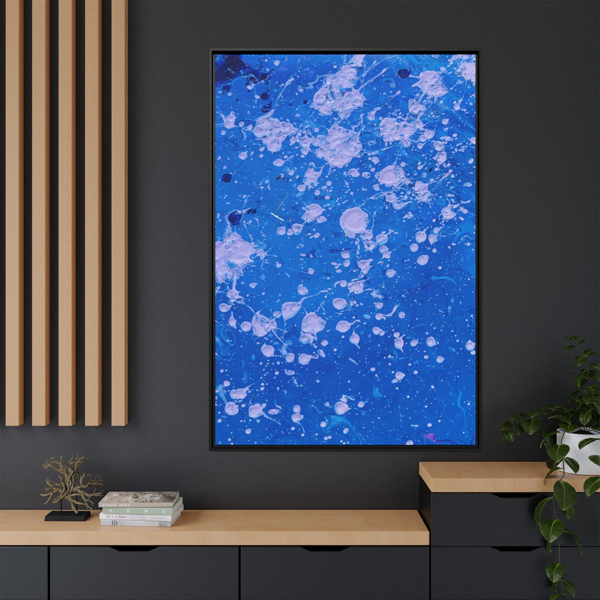 Abstract Blue Splatter Matte Canvas Print Dots (Framed)