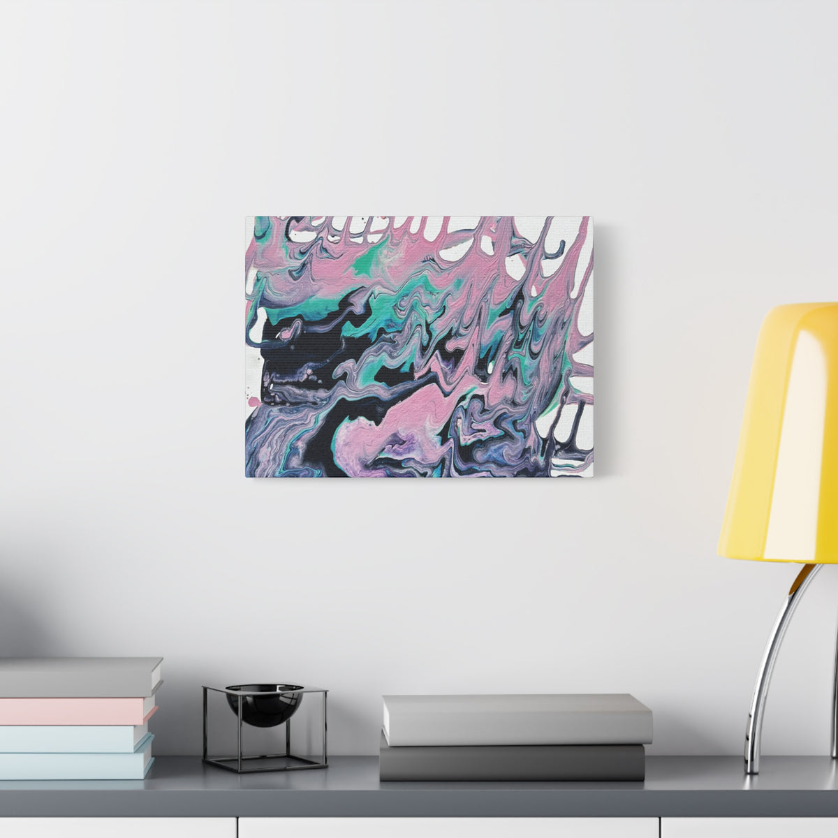 Dripping Abstract Pour Painting Canvas  Pink Teal Fluid Art Stretched Wall Decor