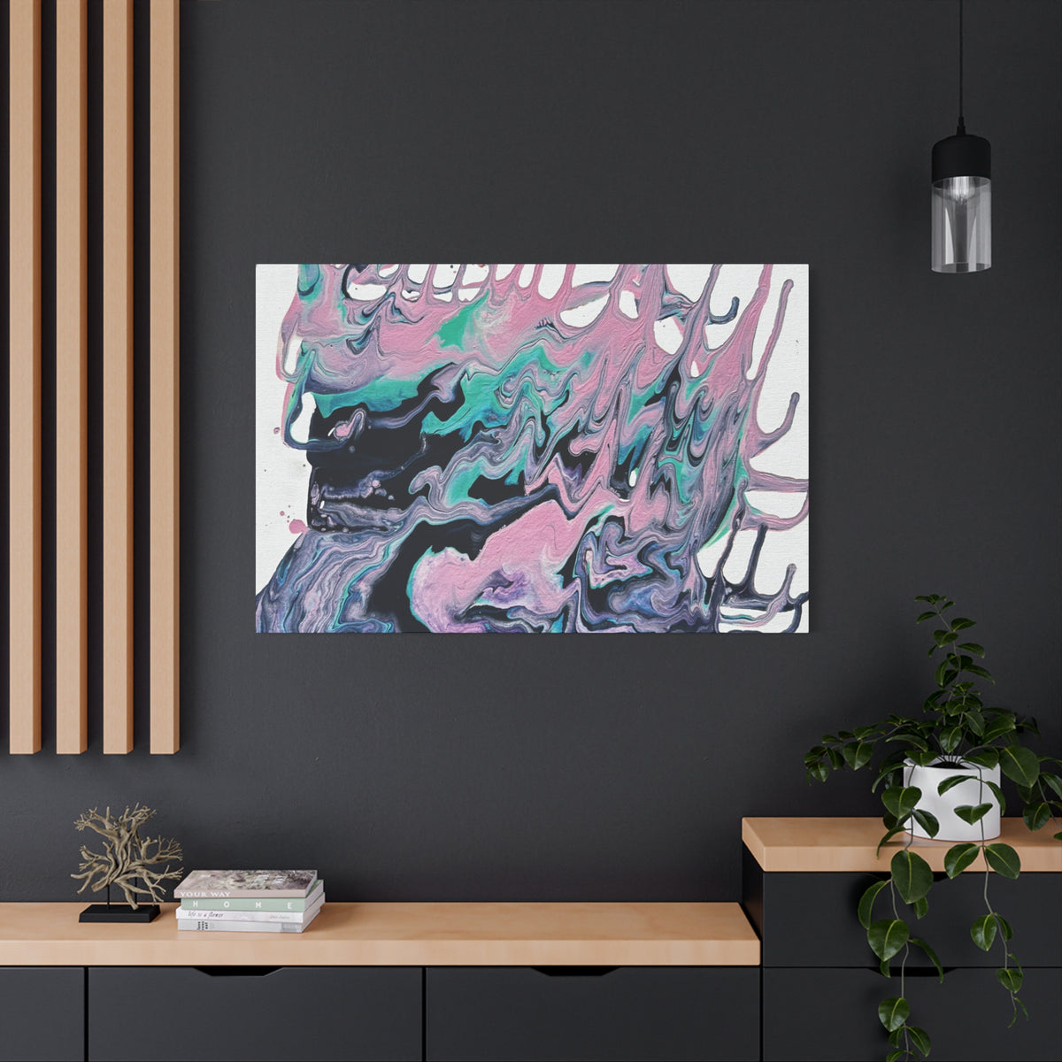 Dripping Abstract Pour Painting Canvas  Pink Teal Fluid Art Stretched Wall Decor