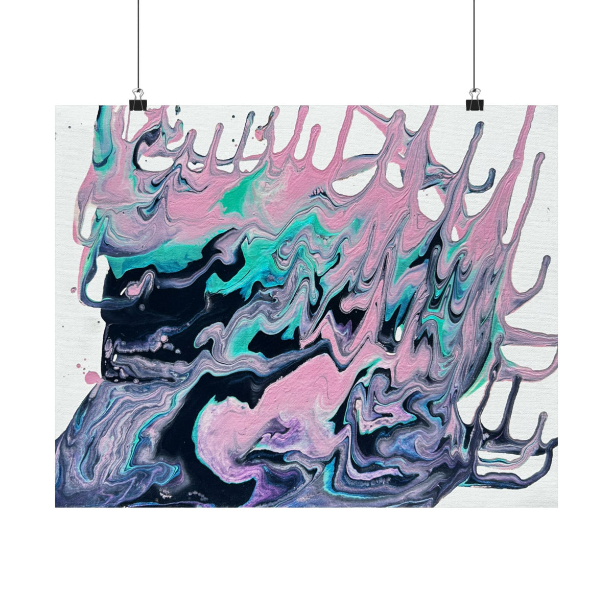 Abstract Fluid Art Poster Dripping Pink & Teal Matte Horizontal Print