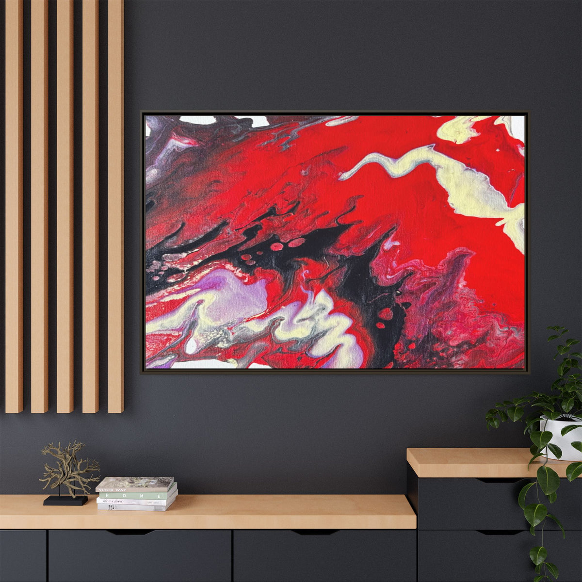 Power Abstract Red Fluid Art Matte Canvas Framed Wall Art